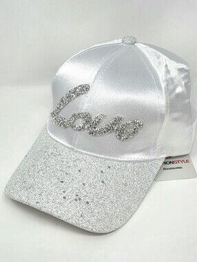 Fashion Style White Satin Rhinestone "Love" Baseball Cap Glitter Brim Adjustable